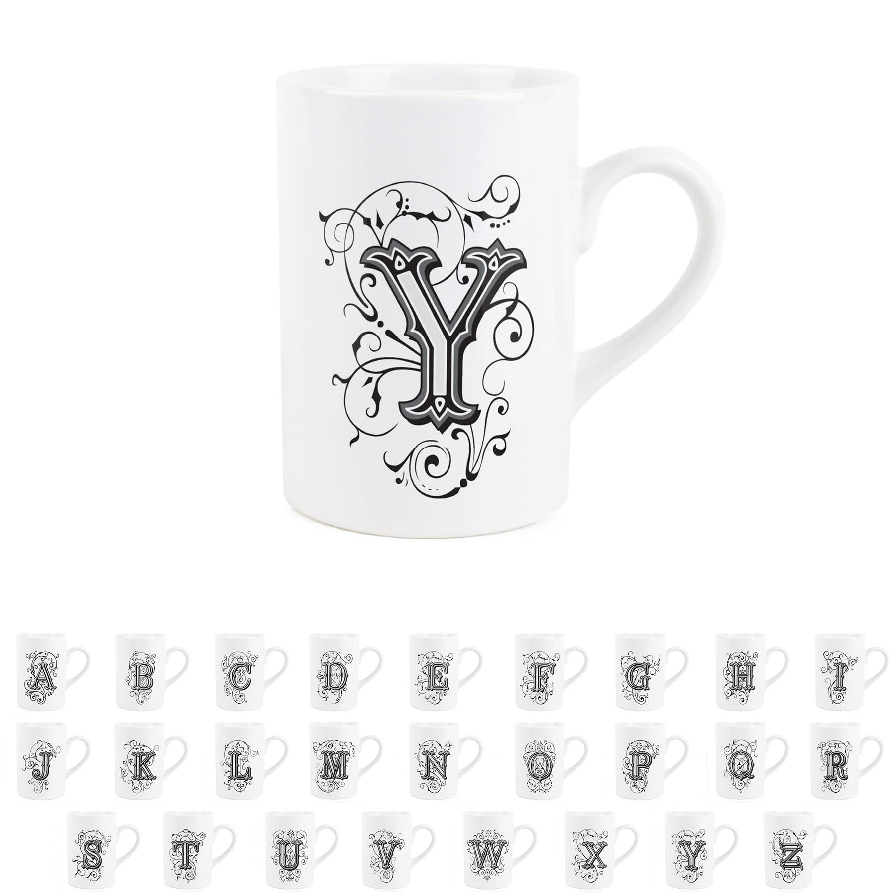 Gothic Letter Y Mug - Black & White Swirly Personalised Initial/Alphabet Gift - Tea Coffee Hot Drinks Ceramic Mug Present