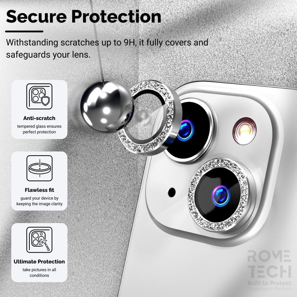 Rome Tech for Apple iPhone 14 Camera Lens Protector - Compatible with Compatible with iPhone 15, Plus, 14, Plus Lens Protector Cover - Silvery Glitter