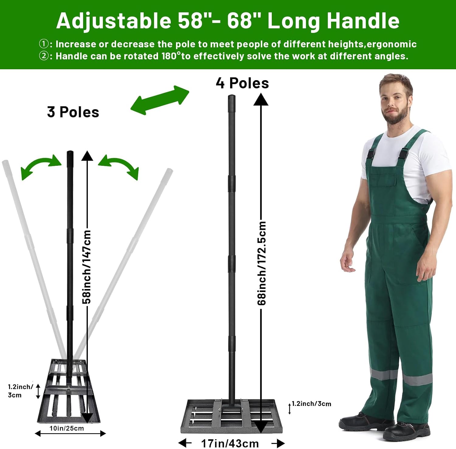 Lawn Leveling Rake 17"x10",Lawn Leveling Tool with 68" Long Adjustable Stainless Steel Handle for Leveling Soil,Grass,Sand or Dirt,Heavy Duty Lawn Leveler for Backyard,Garden,Golf Course,Farm,Pasture