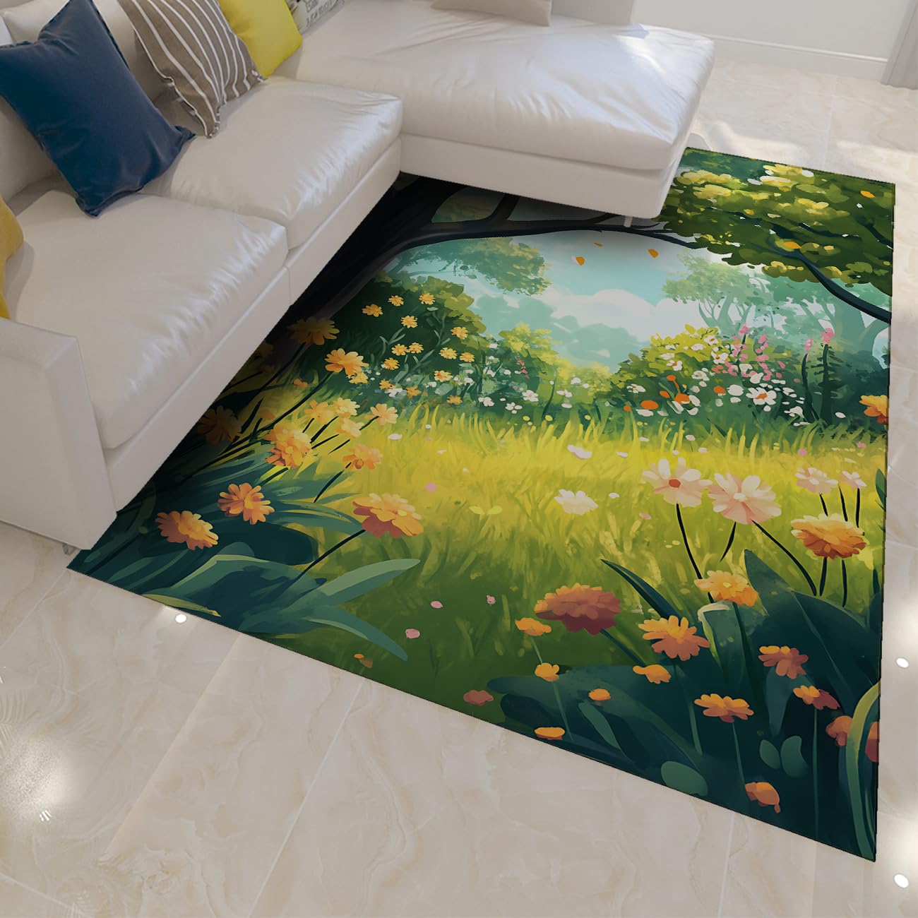 Tapis 100x150cm style cartoon vert prairie pour le sol du salon
