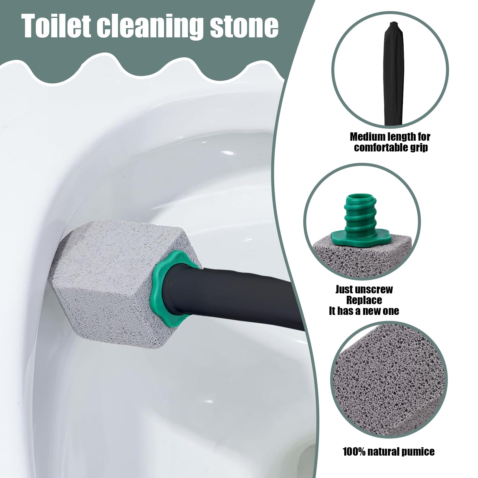 para Inodoro con Mango Reutilizable, Limpiador eficaz contra sarro y Piedra caliza, Piedra Negra de Limpieza para inodoros, cocinas y fregaderos, Cepillo de WC Natural (5, con 1 Mango Negro)