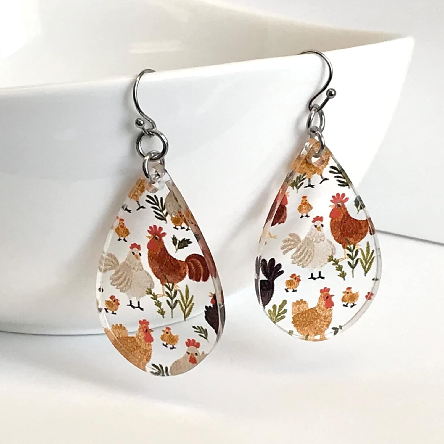 Chicken Patterned Clear Acrylic Dangle Teardrop Earrings for Crazy Chicken Lady - Image 2