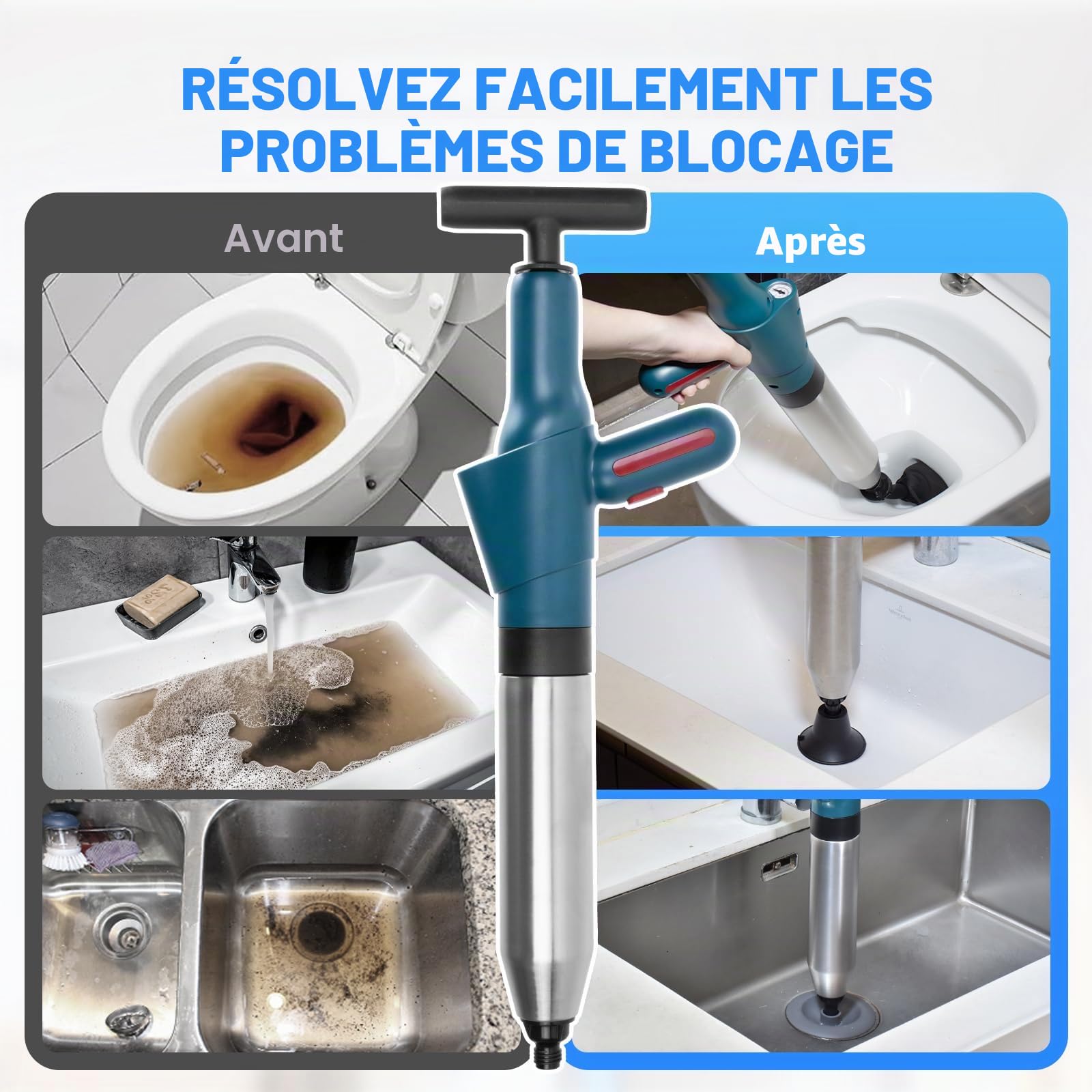 Déboucheur WC professionnel, Déboucheur de canalisations avec manomètre et pompe à air comprimé, 4 ventouses anti-éclaboussures avec crochet et spirale, pour toilettes, lavabos, baignoire, douche