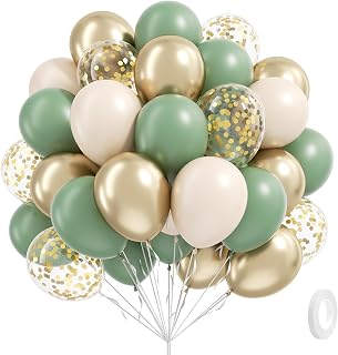 Vicduotex 60pcs Sage Green Sand White Gold Confetti Balloons Kit - 12in Boho Wedding Birthday Baby Shower Arch Decor with Ribbon Glue Dots
