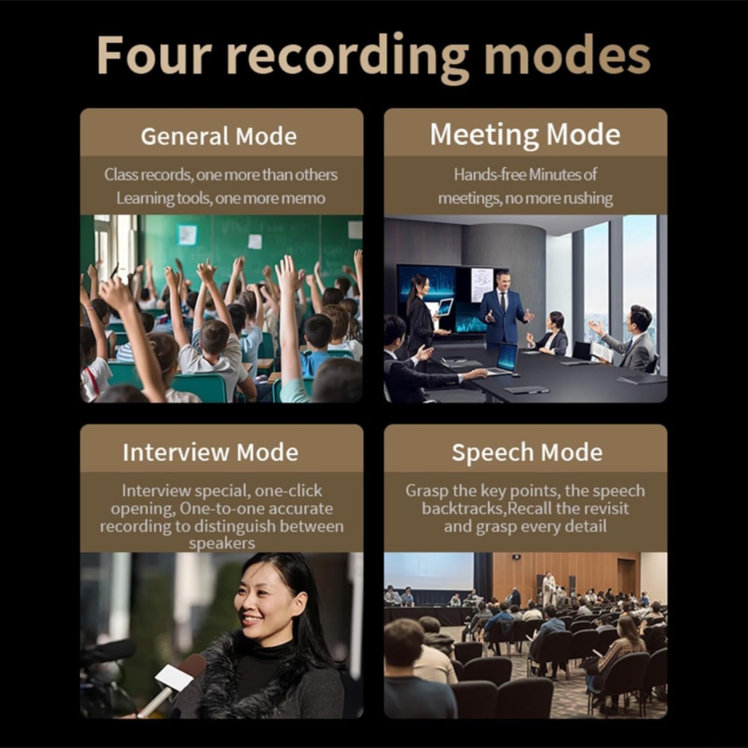 Four recording modes: General Mode, Meeting Mode, Interview Mode, Speech Mode.