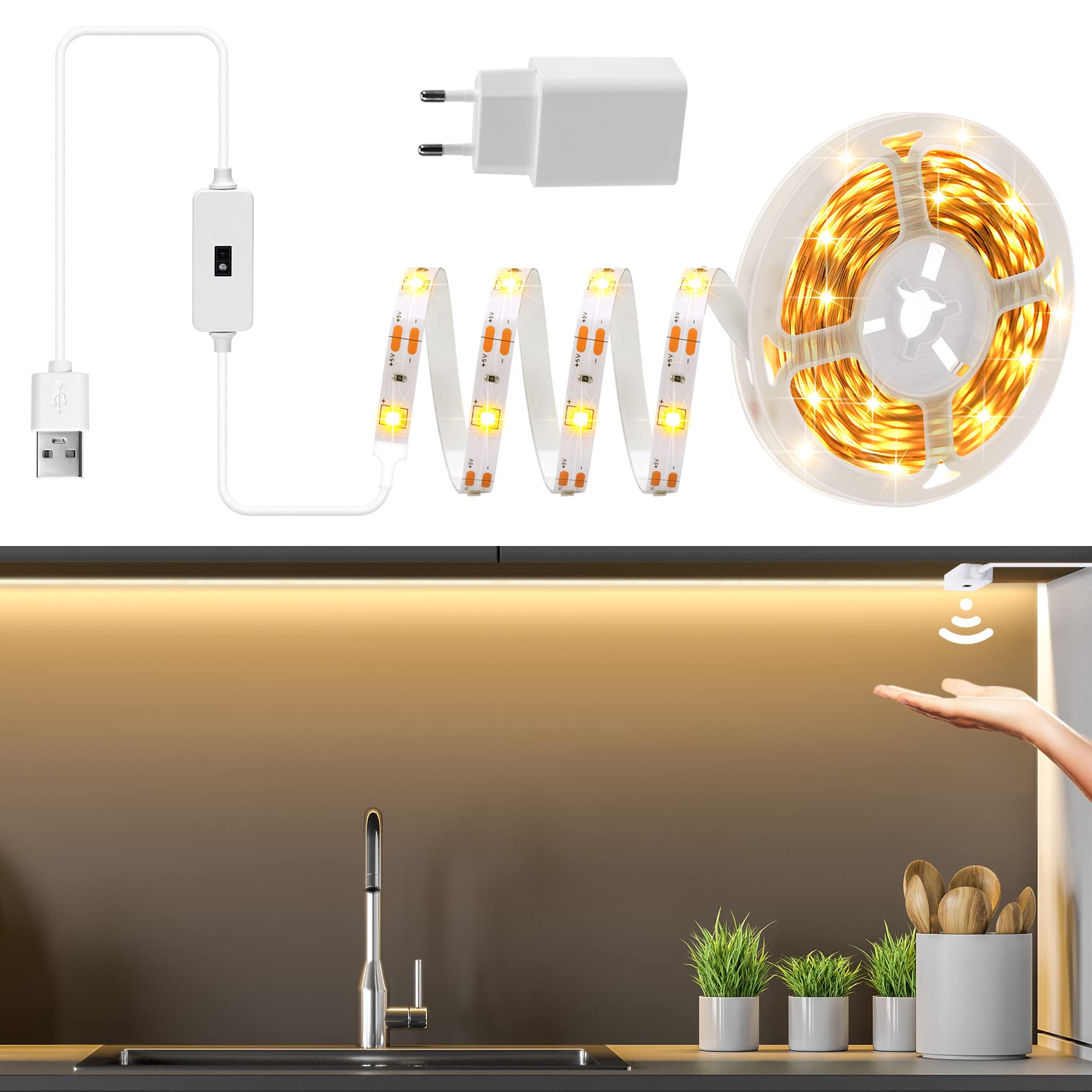 Handwellen Aktivierte LED Streifen,3m Warmweiße LED Strip mit Handwellen Sensor, Dimmbare USB Touchless Unterschrankbeleuchtung,LED Streifen für Küche,Schlafzimmer, Spiegel,Kleiderschrank,TV Rückseite
