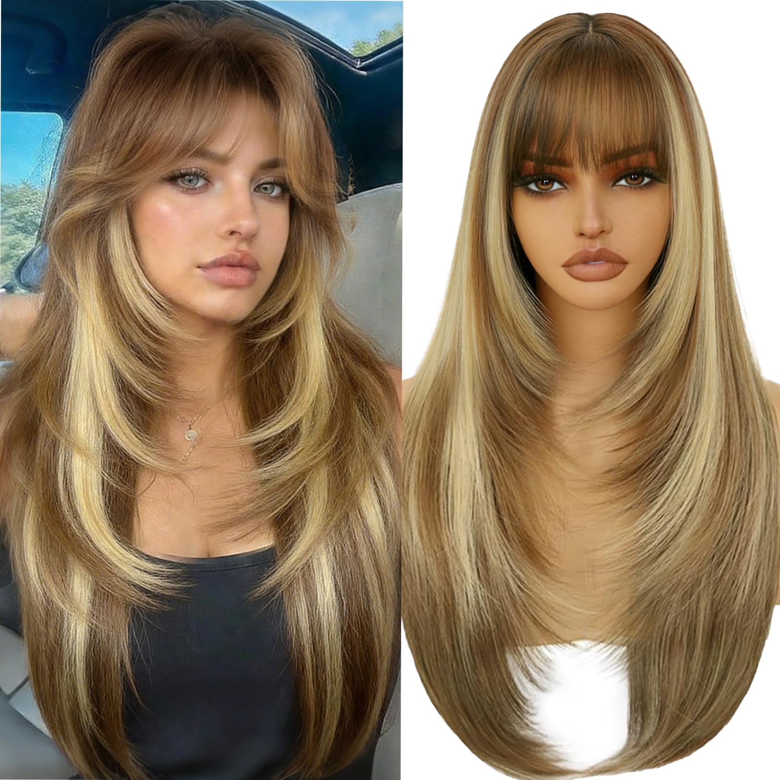 Long Ombre Blonde Straight Layered Wig with Bangs 26 inch Synthetic Heat Resistant Fiber Hair Blonde Highlight 200 Density Glueless Wigs for Women Party Cosplay Daily Use