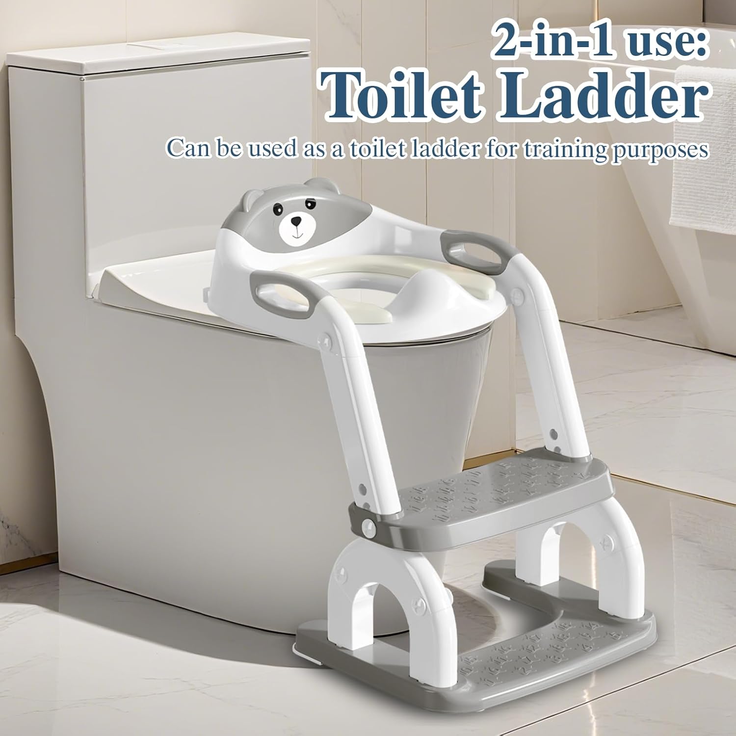 Potty Training Seat with Ladder for Toddlers, 2-in-1 Adjustable Potty Training Toilet for Kids Boys Girls with Splash Guard, Waterproof Cushion, Anti-Slip Pad Step Stool - Grey
