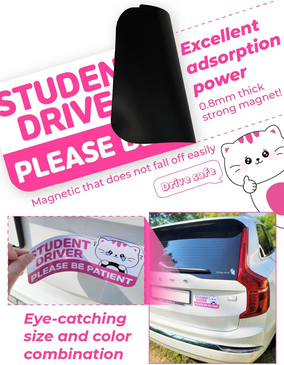 Student Driver Car Magnet Cute Cat - Weather - Resistant Colorful - Rectangular Various Cute Characters/Must-Have for Student Drivers! (Cat) image 3
