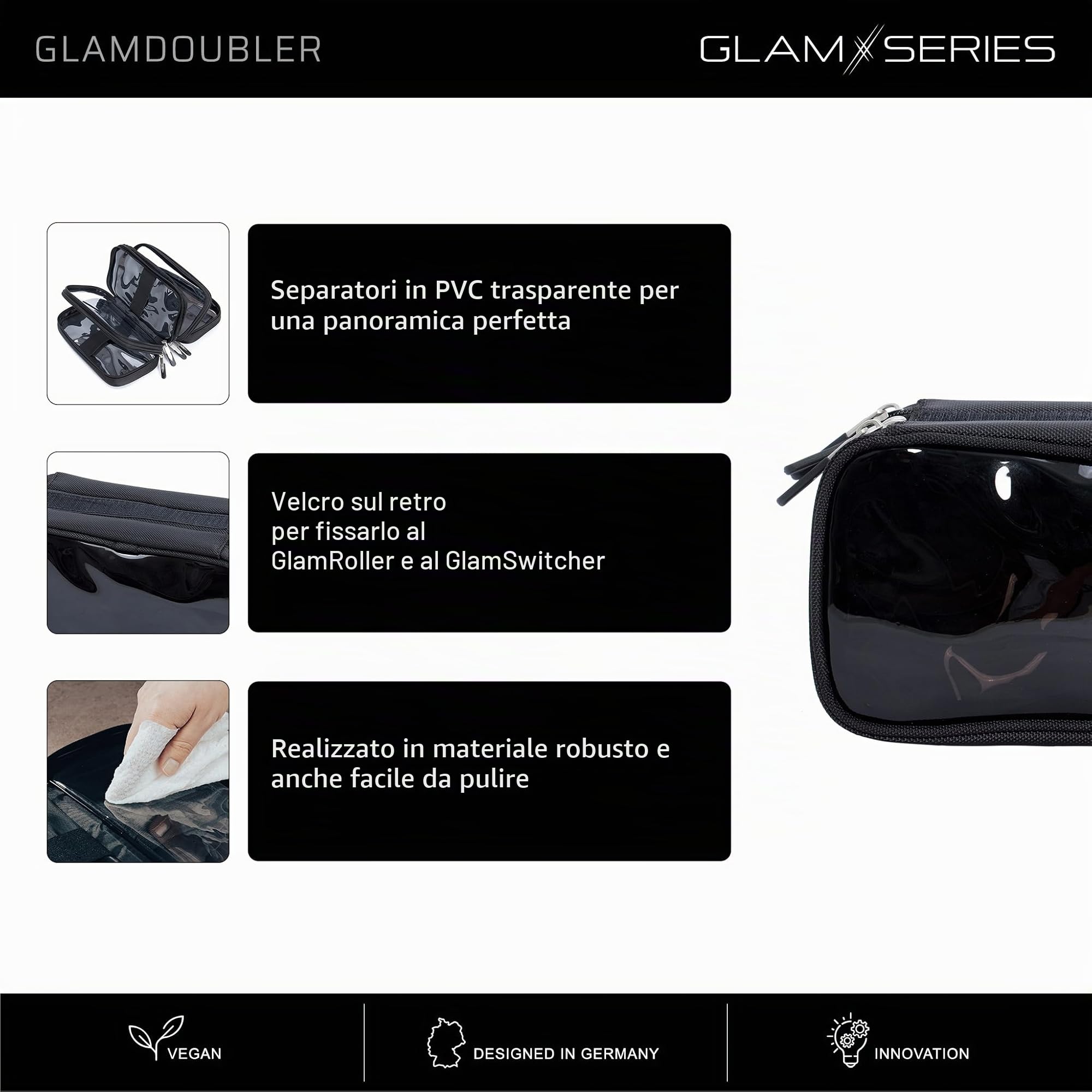 GlamDoubler borsa per trucco 230 x 120 x 100 mm, beauty case per trucchi con 4 scomparti trasparenti