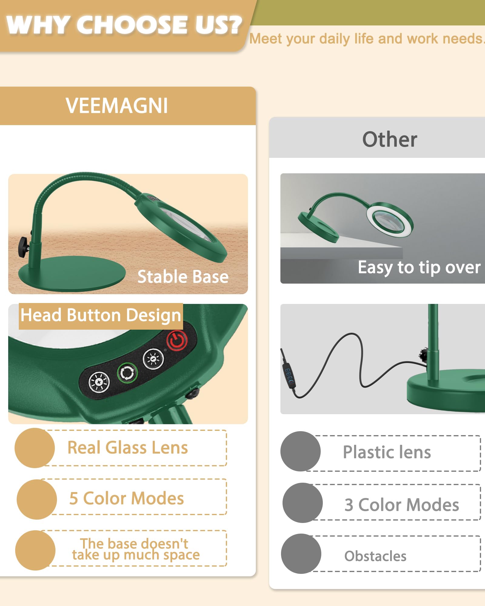 Veemagni 10X Magnifying Glass with Light and Stand, 5 Color Modes Stepless Dimmable LED Lighted Desk Lamp, Hands Free Flexible Gooseneck Magnifier with Light for Craft Hobby Painting Close Work, Green - Image 4