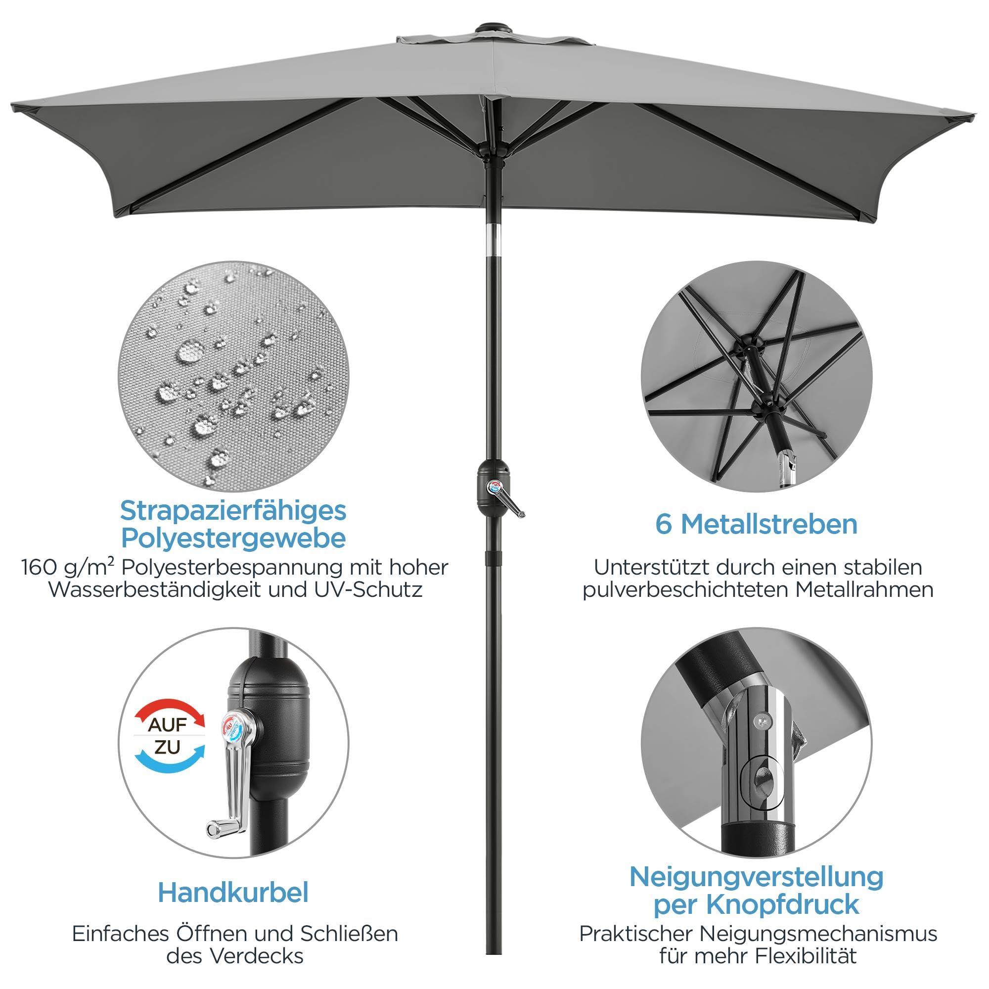 Yaheetech Sombra Amplia Rectangular 227 cm con Ajuste Solar, para Jardín, Terraza, Balcón, Playa - Incluye Manivela, Resistente al Viento, Fácil Instalación Gris — view 7