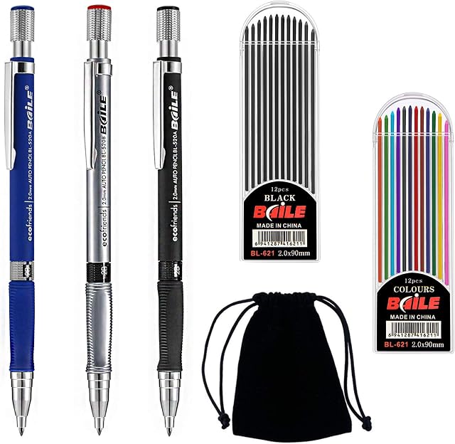 6 PCS 2mm Mechanical Pencils Set, 2B Mechanical Pencils 2.0mm, 2 Cases Colorful and Black 2B Lead Refills 2mm Mechanical Automatic Pencil Set with Black Velvet Bag for Writing Draft Drawing Crafting