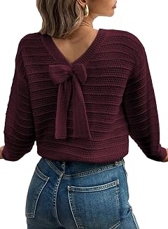 EVALESS Sweaters for Women Long Sleeve Fall Outfits 2025 Back Bow Knot Sweaters Round Neck Solid Knit Pullover