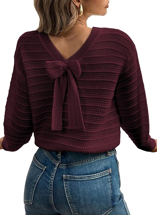 EVALESS Sweaters for Women Long Sleeve Fall Outfits 2025 Back Bow Knot Sweaters Round Neck Solid Knit Pullover