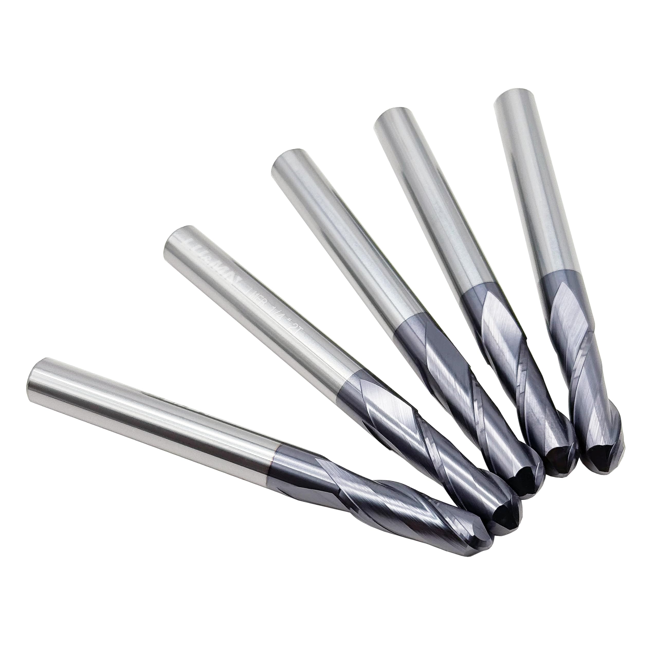 LU&MN Fresas de extremo de 2 flautas, juegos de brocas de punta esférica de carburo para acero inoxidable, acero endurecido, aleación y más, 1/4 pulgadas, 5 piezas