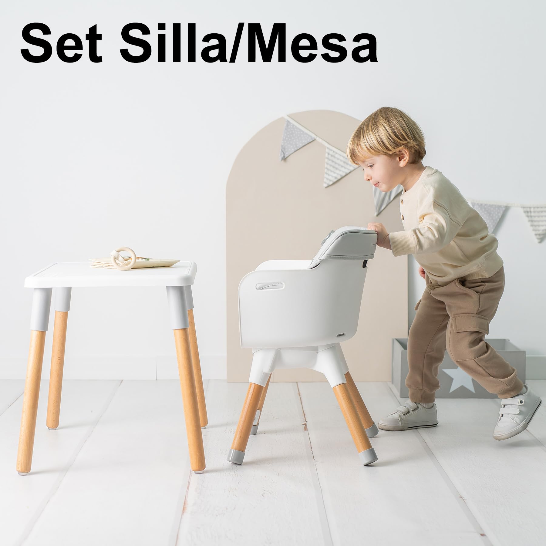 Olmitos – Trona bebé Convertible 2 en 1 Mesa con Silla para Niños KOMBO - Seguridad, Madera de Haya, Arnés de 5 Puntos, Plegable y Ajustable – 6+ meses hasta 15kg (Beige)