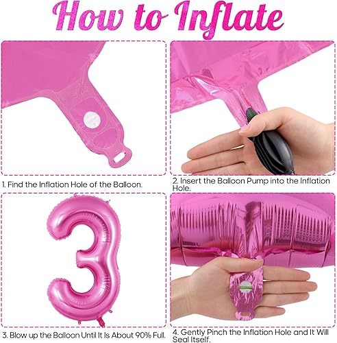Miniatura 7 de Globo rosa con el número 3 de 40 pulgadas, globos grandes de helio de aluminio rosa intenso, globos gigantes gigantes de Mylar número 3 para niños