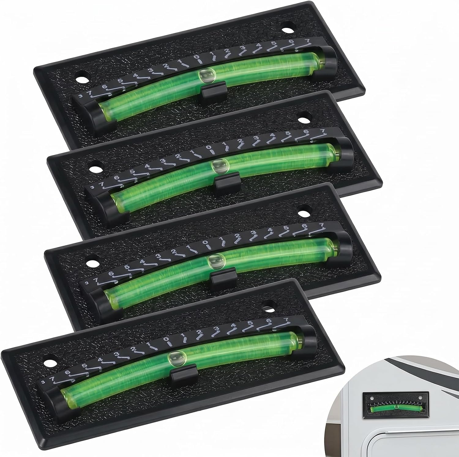 4-Pcs Rv Level Bubble with Graduated Scale,Camper Level- High Visibility Green Liquid, Never Fade Bubble Level for Rv, Camper, Trailer - Stick On & Screw Mount Precision Leveling System