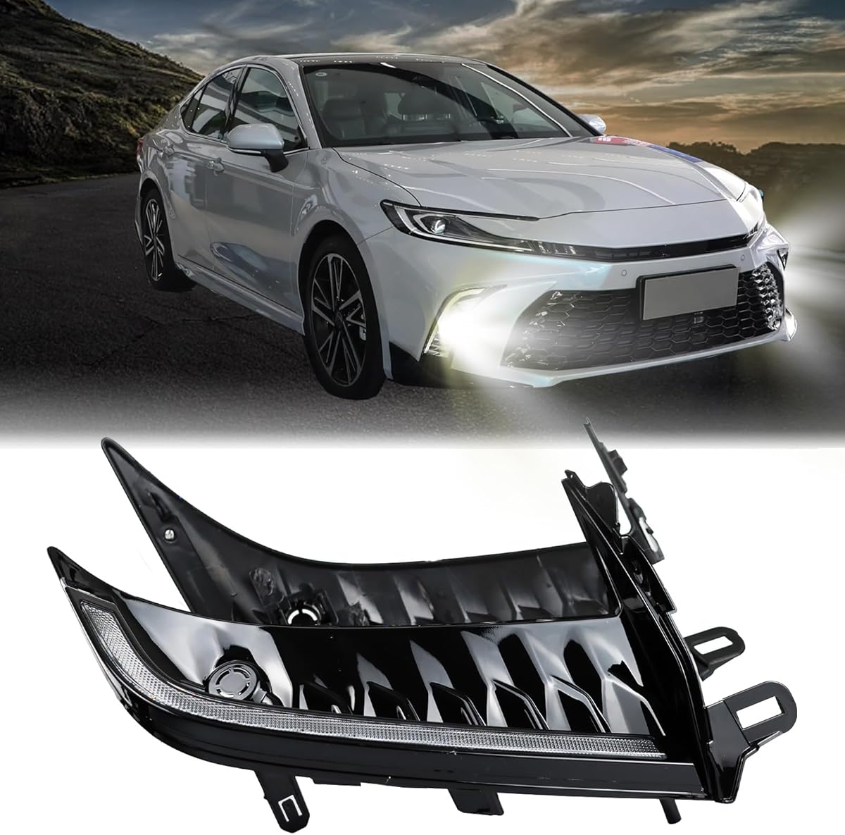 Switchback White/Amber LED Front Bumper Fog Light Daytime Running Lamp Amber Sequential Turn Signal Light Feature Compatible with Toyota Camry 2025 SE XSE Replacement Front Bumper Trim