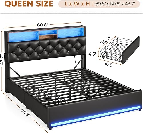 Miniatura 2 de BTHFST Base de cama Queen con 4 cajones y cabecera de almacenamiento oculta, marco de cama LED tamaño Queen con estación de carga, cama tapizada con