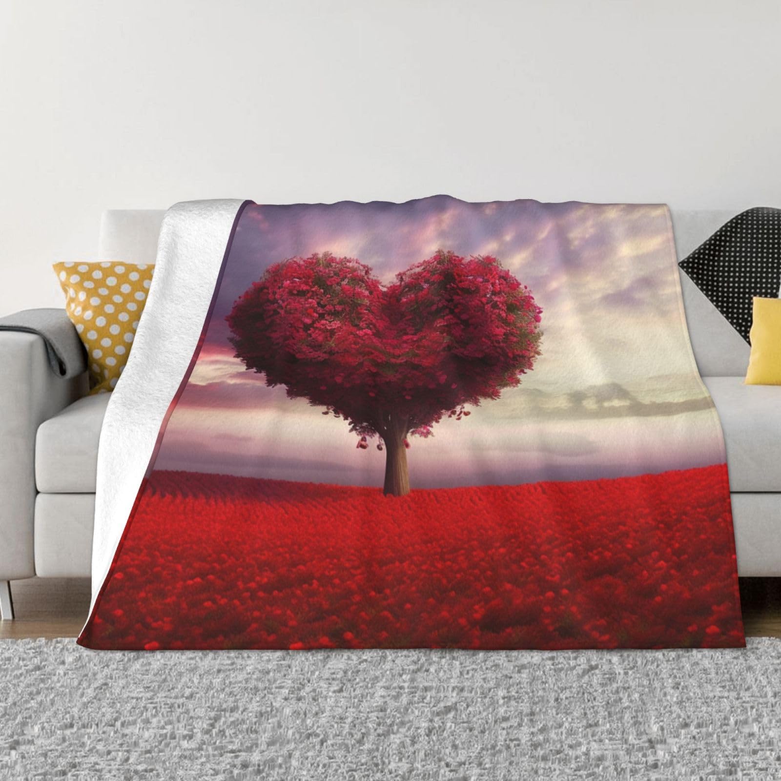 Couverture polaire en flanelle 127x100 cm avec motif arbre cœur rose rouge pour lit et canapé