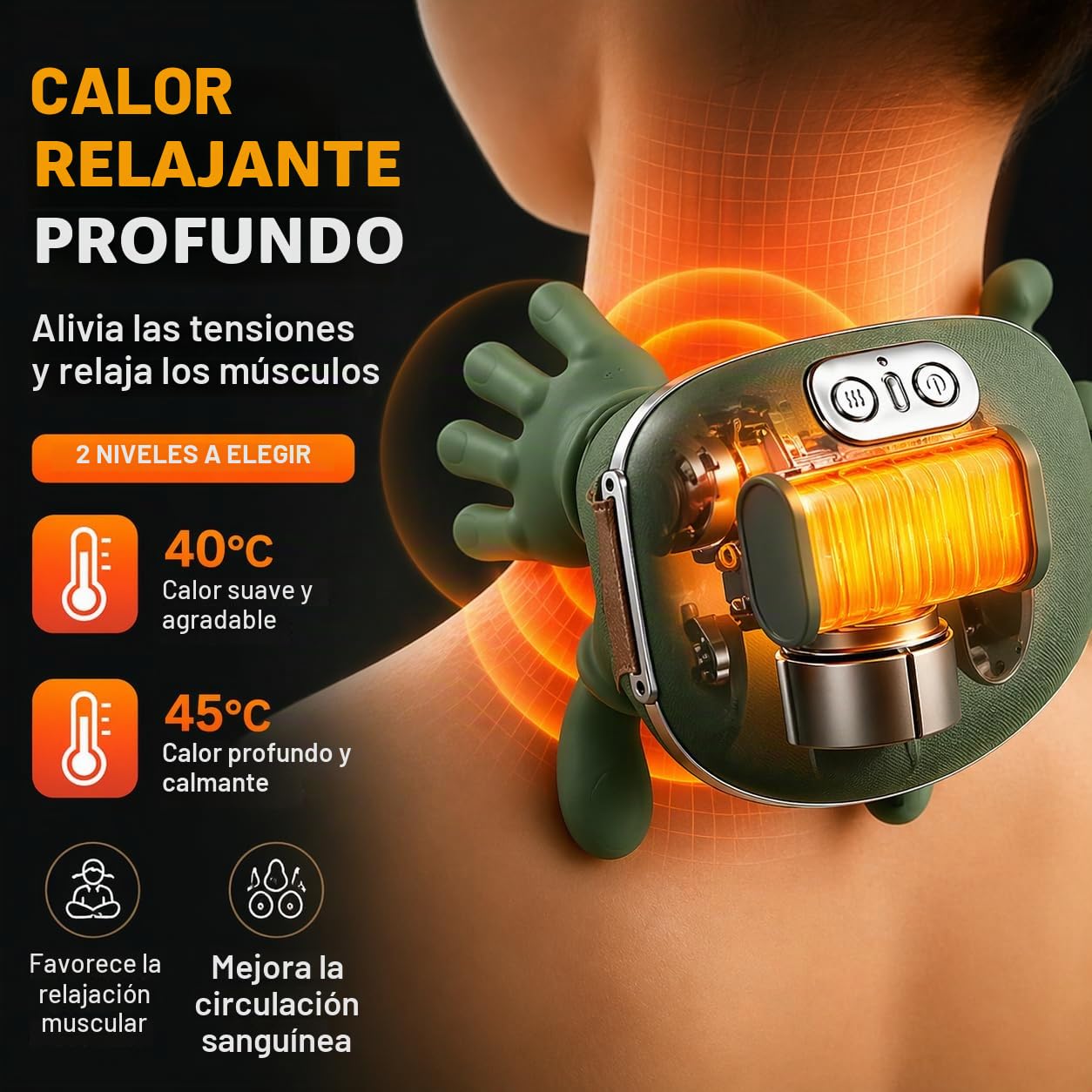 Masajeador Cervical y Hombros Eléctricos - Masaje Profundo 3 Niveles + Calor 2 Niveles - Inalámbrico Recargable 2000mAh - Dispositivo de Masaje Portátil Cuello, Espalda, Piernas