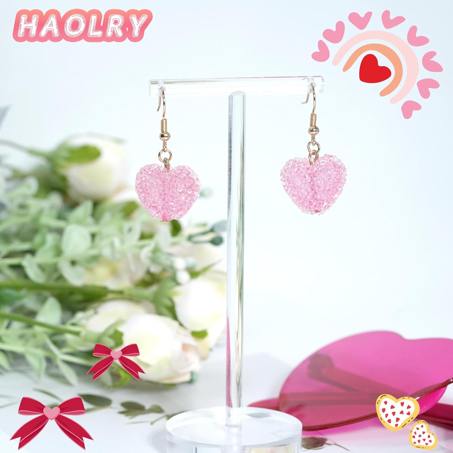 Heart Earrings with Sparkling Crystal Rhinestones in Red and Pink for Valentines Day Gift for Women Party Wedding Anniversary Birthday Hypoallergenic - Image 7