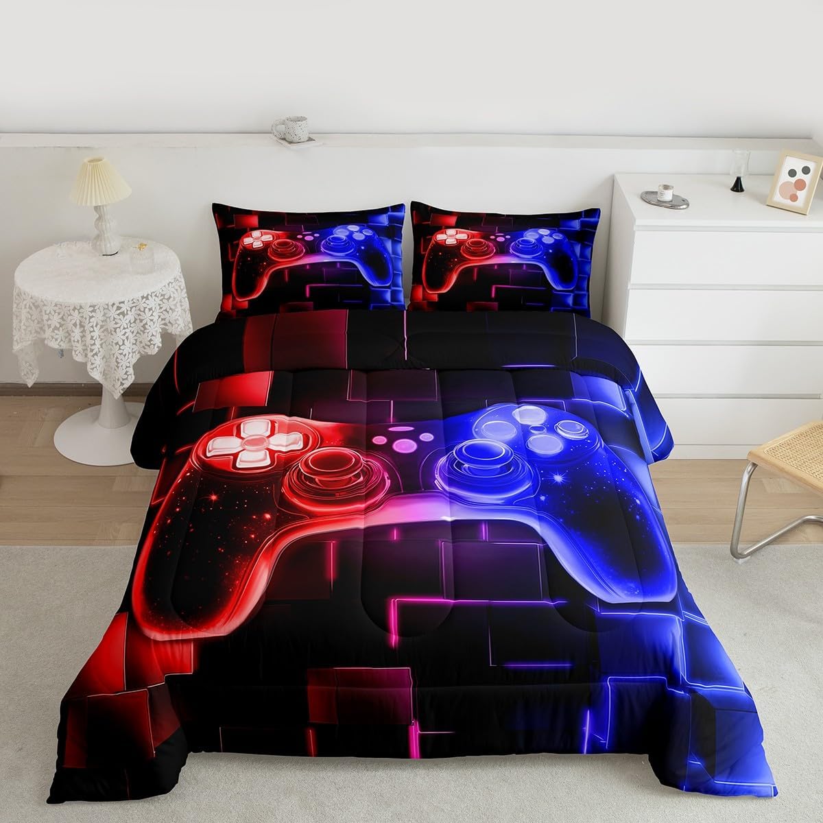Erosebridal Kids Gamer Comforter Set Queen, Gaming Bedding, Video Games Gamepad Bedding Comforter Sets Neon Glowing Square Geometric Grid Red Blue Bedroom Decor Duvet Insert