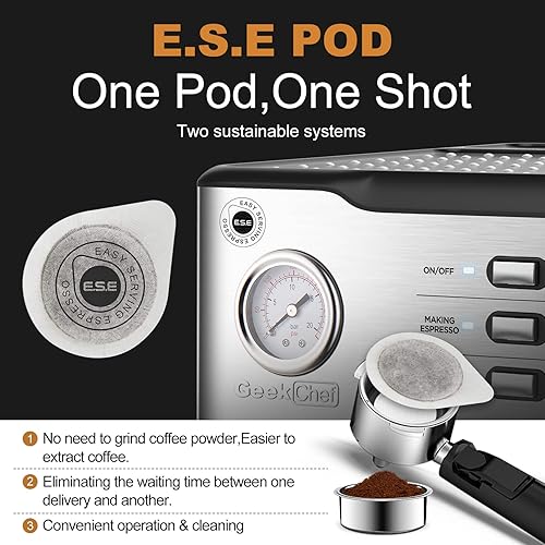 Miniatura 2 de Geek Chef Máquina de café expreso con bomba de 20 bares, cafetera de capuchino con filtro ESE POD y manómetro, tanque de agua de 1.5 L, 950 W, color