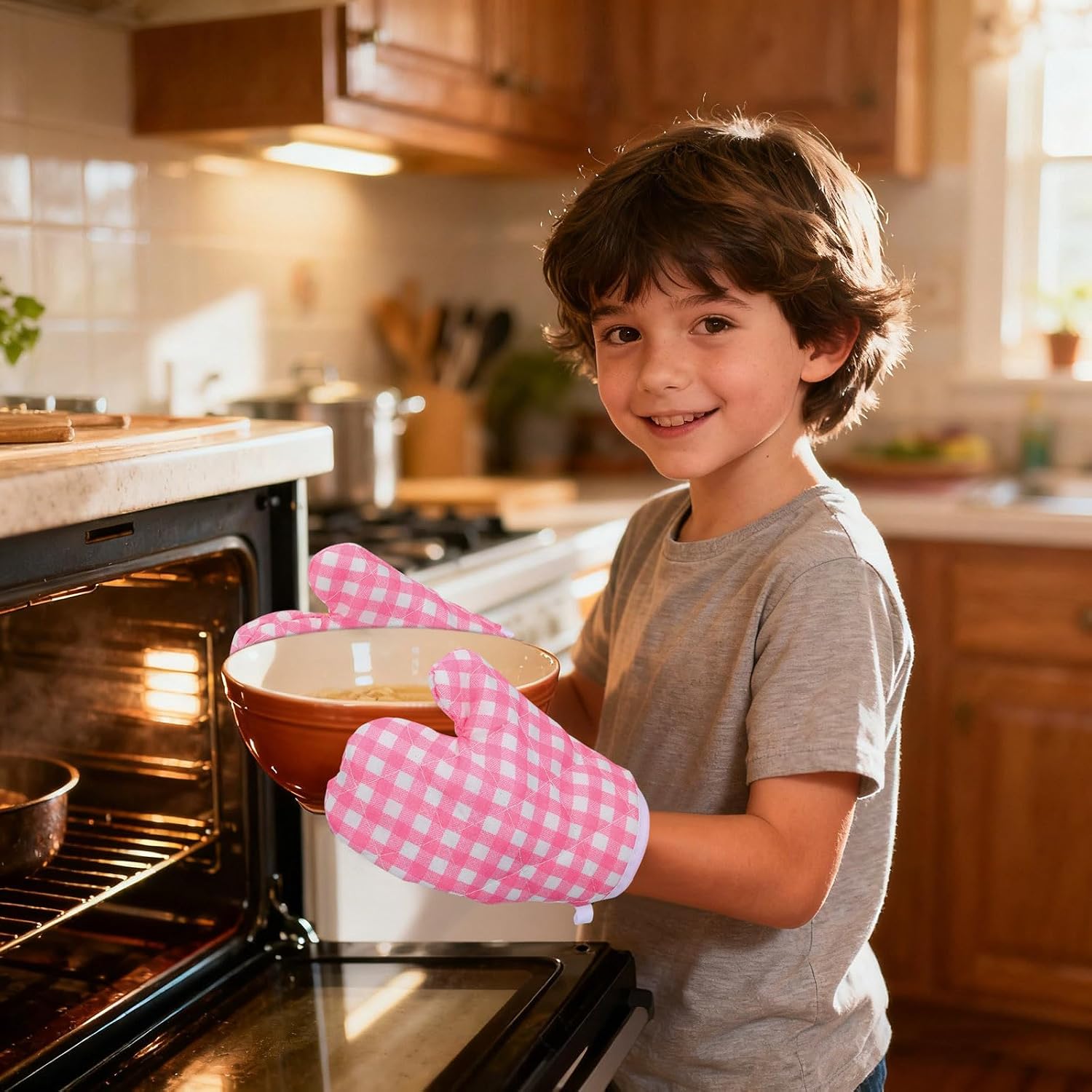POPETPOP Kids Oven Mitts 2-Pack Pink Cotton Heat-Resistant Gloves – Snug Fit Prevents Slips, Safe Cooking & Baking for Little Chefs, Play Kitchen or Real Oven Use