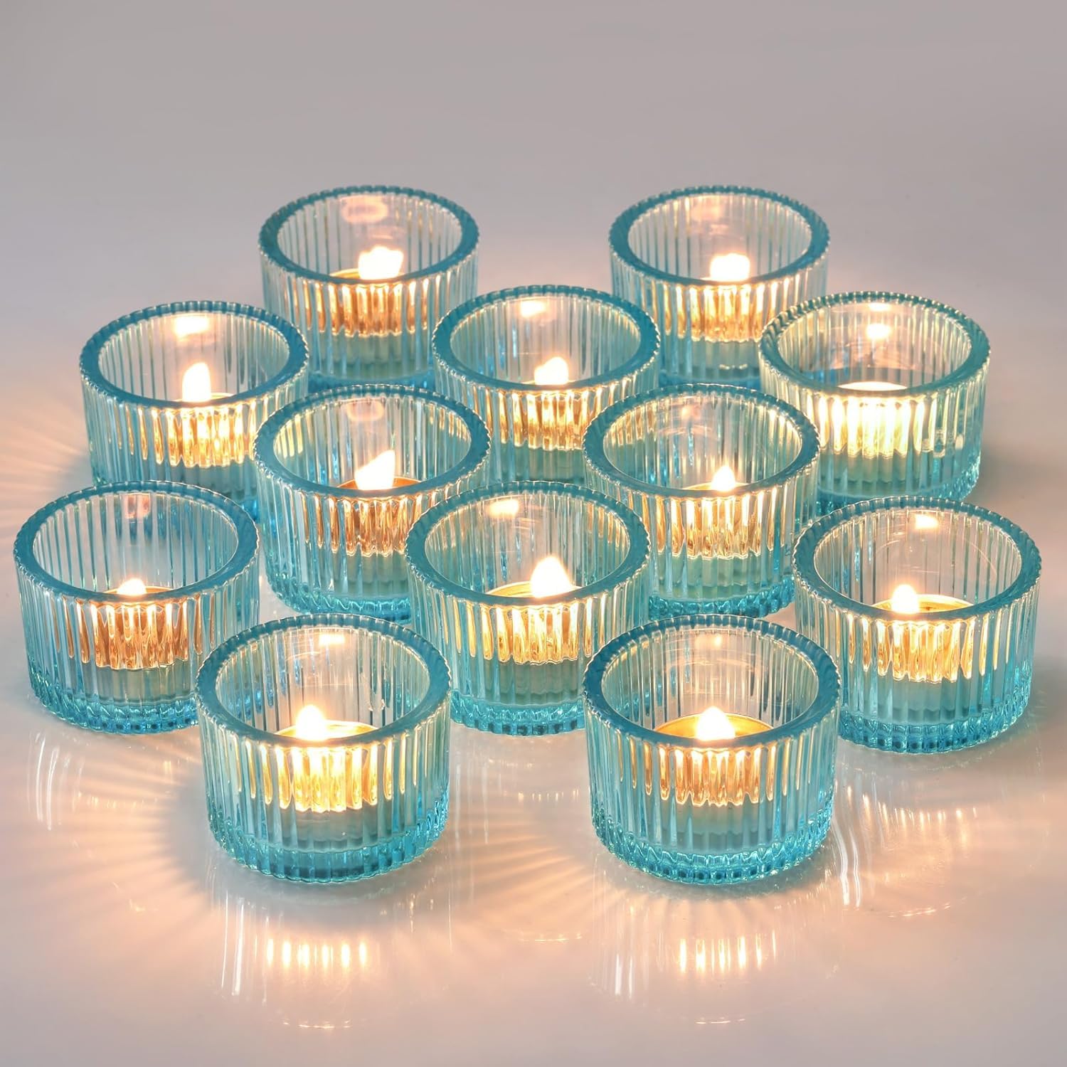 Clear Tealight Candle Holder Set of 12,Clear Glass Tealight Candle Holders for Wedding Party,Tea Light Candles Holder Bulk for Centerpiece Thanksgiving Christmas Party (Light blue)