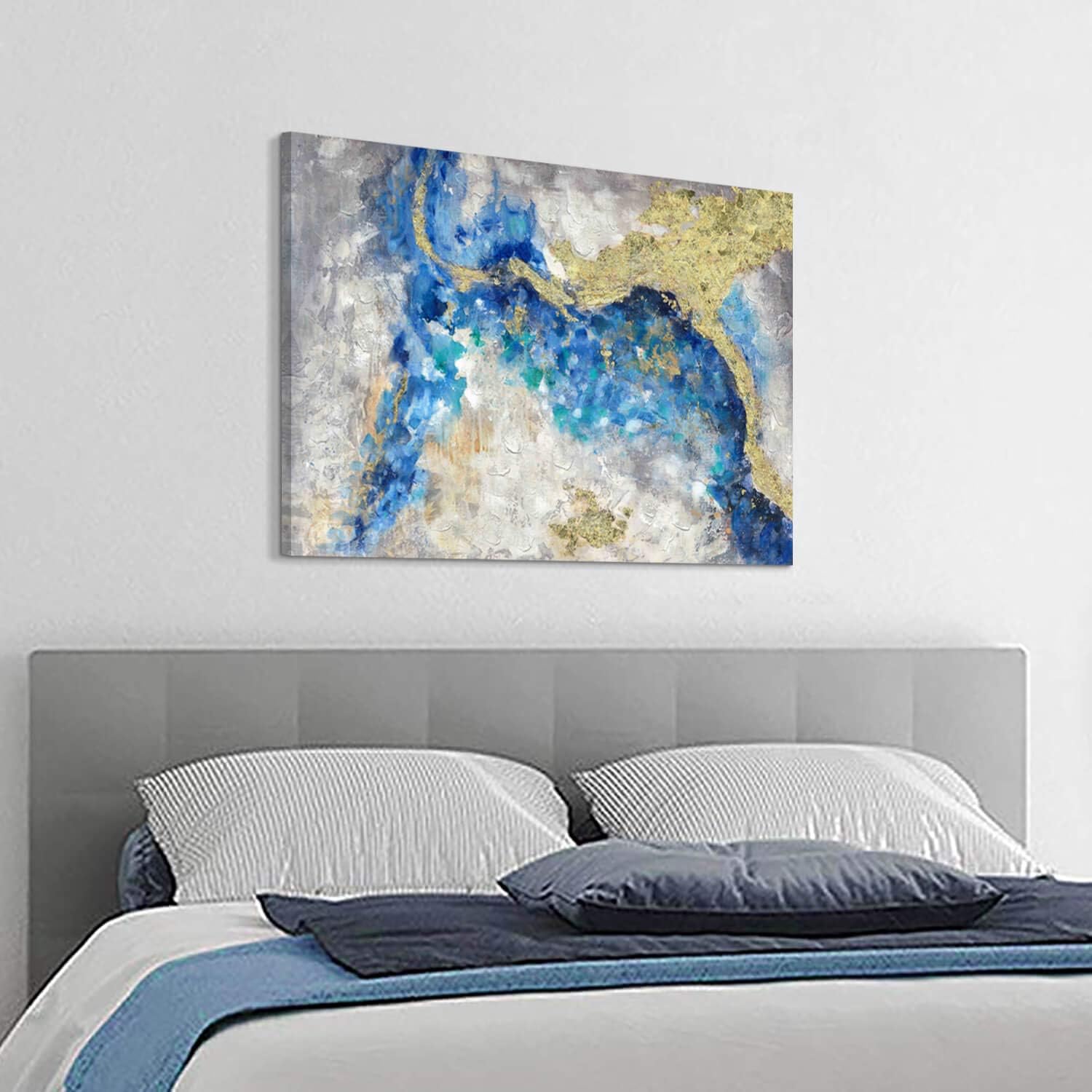 Best Cyber Monday 🔥 Teal Abstract Painting Wall Art: Hand Painted with Heavy Textured & Gold Foils Embellishment Picture Artwork for Bedroom Office (24” x36'' x 1 Panel)