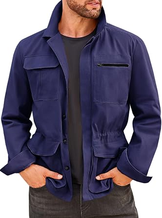 Runcati Mens Safari Jacket Military Casual Lightweight Jacket Windproof Multi Pocket Outdoor Fishing Coat