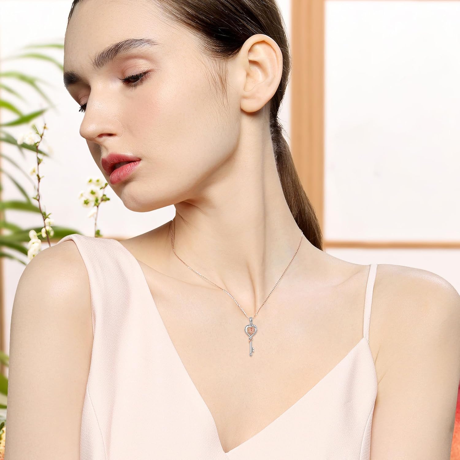 YAFEINI Key Necklace 925 Sterling Silver Rose Flower Key Charm Pendant Jewelry Christmas Gifts for Women - Image 2
