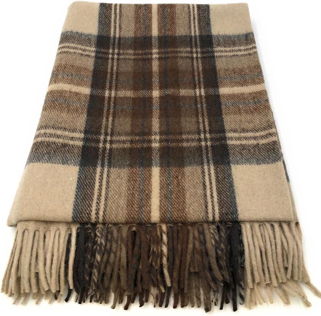 Soft Wool Tartan Knee Blanket - 185x77cm Scottish Tartan Check Rug with Fringed Edges – Warm Sofa, Travel & Car Blanket for Christmas (Stewart Natural Dress)