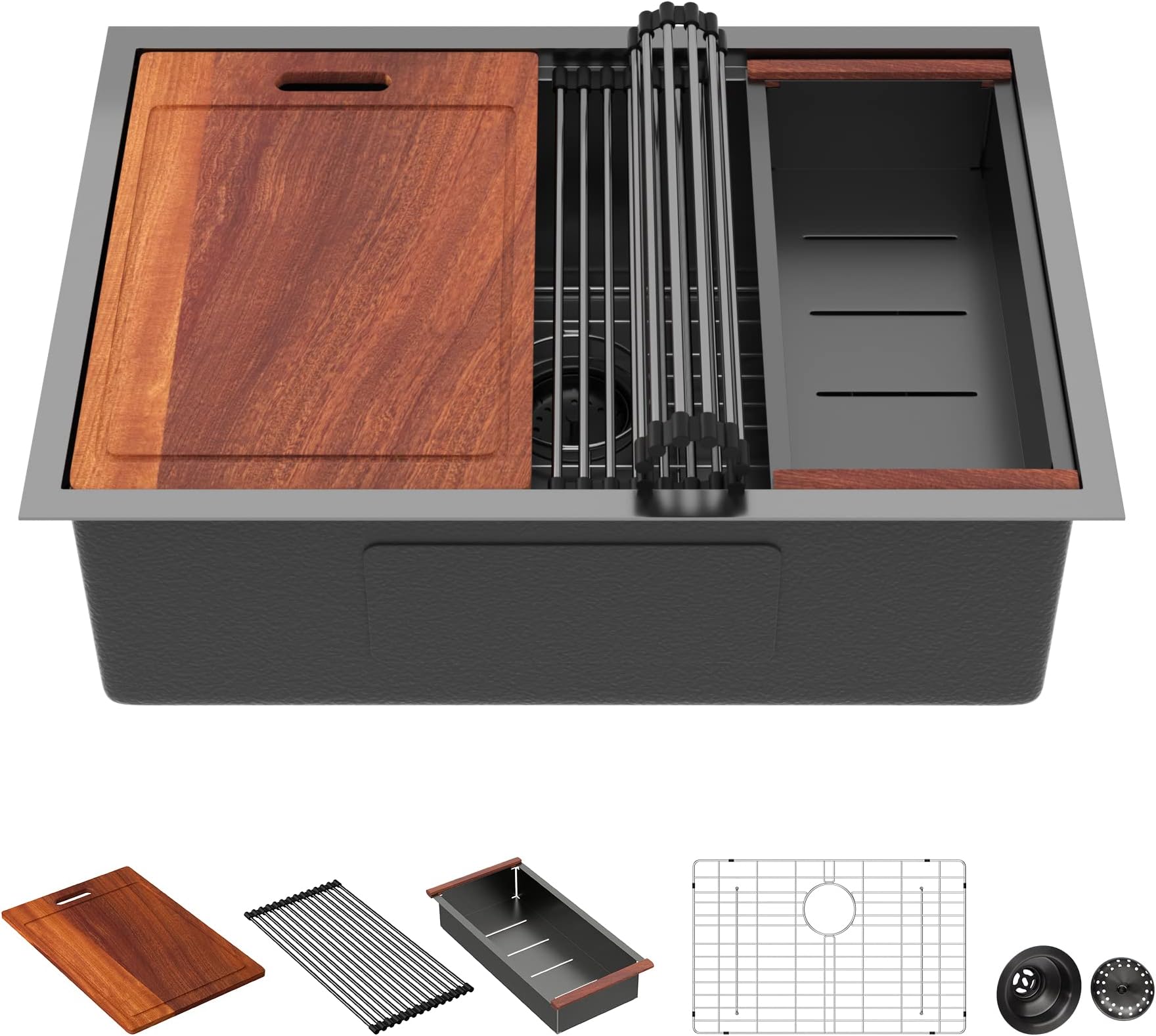 Sarlai 27 Undermount Kitchen Sink Black Stainless Steel - 27x19 Gunmetal Black Stainless Steel Kitchen Sink Undermount Workstataion 16 Guage Single Bowl Deep Sink for Kitchens