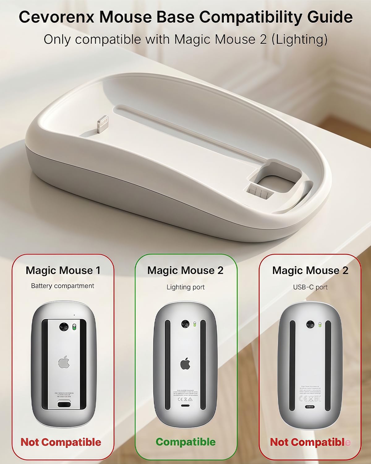 Cevorenx Magic Mouses Charger Base Wireless Charging Dock for Apple Magic Mouse 2 (Lighting), Ergonomic Wand Apple Mouse Grip with MagSafe Charging Support (White),Charger and Mouse not Included — view 4
