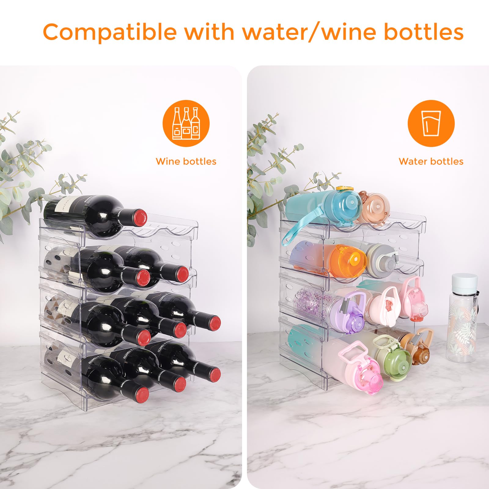 BoxedHome Weinregal Stapelbar Wasserflasche Organizer Kunststoff Flaschenhalter Schrank Organizer Aufbewahrung für Gefrierschrank Schrank Speisekammer (4 Etagen 12 Flaschen)