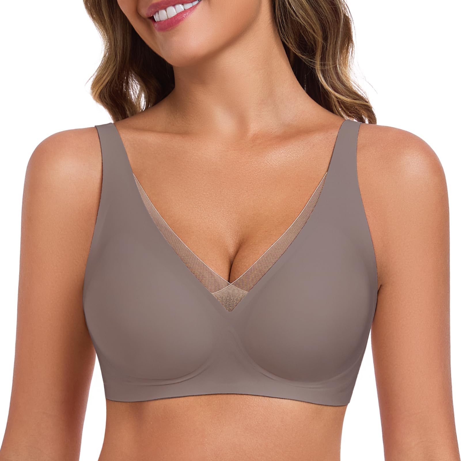 JOYTREE Glatter Damen BH mit Tiefem V-Ausschnitt Klassischer Nahtloser Bügelloser Soft Seamless T-Shirt und Schlaf BH mit Zusätzlicher Verlängerung