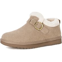 Hsyooes Womens Snow Boots Genuine Suede Leather Mini Boots Faux Fur Lining Winter Ankle Booties Water Resistant Warm Short Boots Outdoor Non Slip Memory Foam Insole w/Adjustable Buckle,Khaki,39 EU