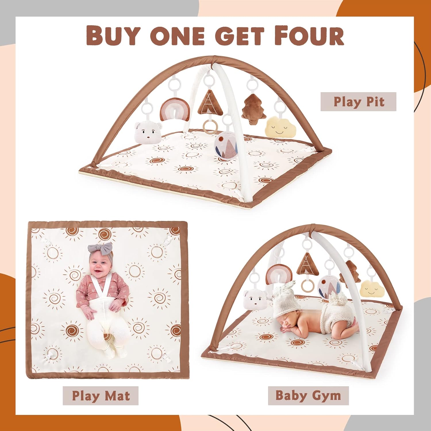 Washable Baby Gym Activity Center with Animal Play Mat, Visual, Hearing, Touch, Cognitive Early Development Playmats, 6 Toys for Infant & Toddler, Larger, Non Slip : Baby