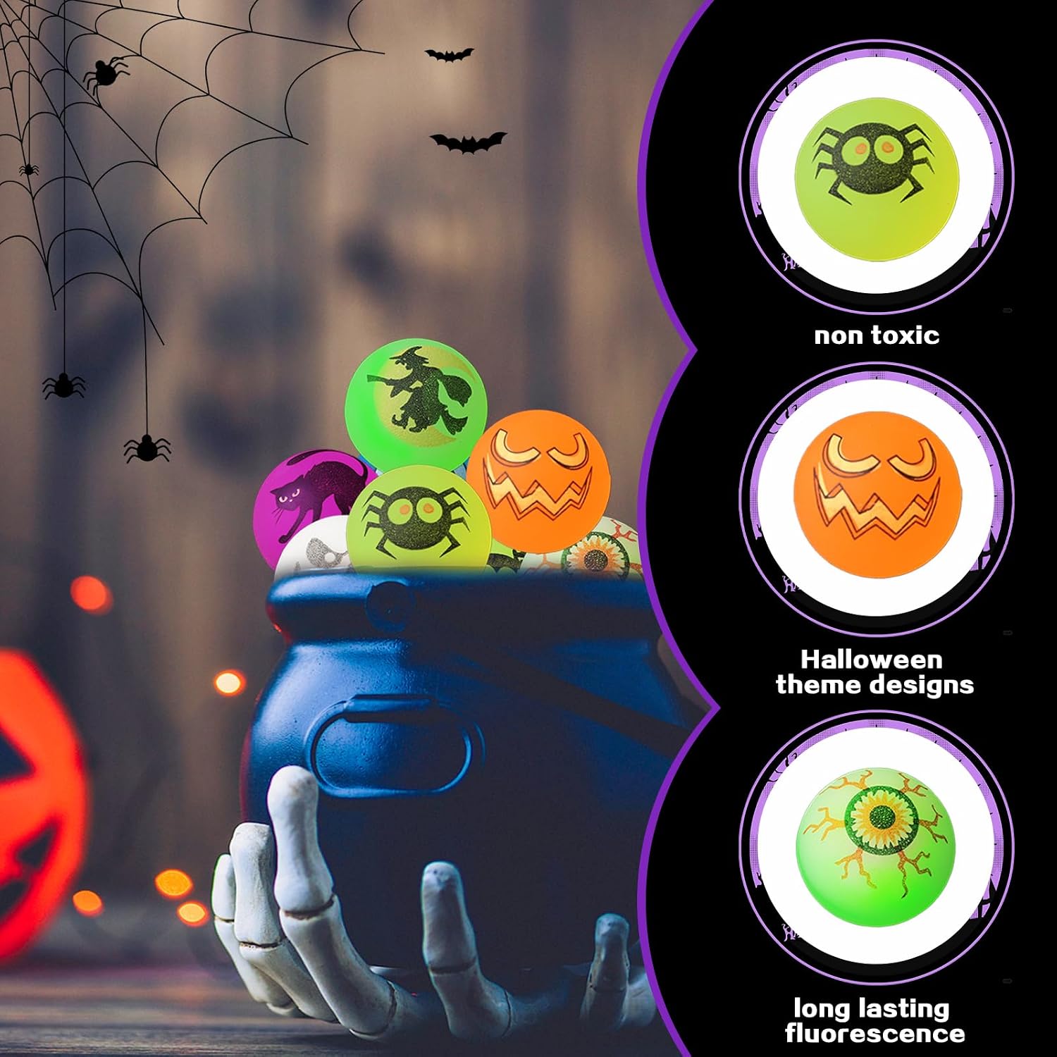 24Pcs Glow in The Dark Halloween Bouncy Balls, 8 Styles Glowing Bouncing Ball for Halloween Party Favors Goodie Bag Fillers Trick or Treat Gifts Exchange Game Prizes