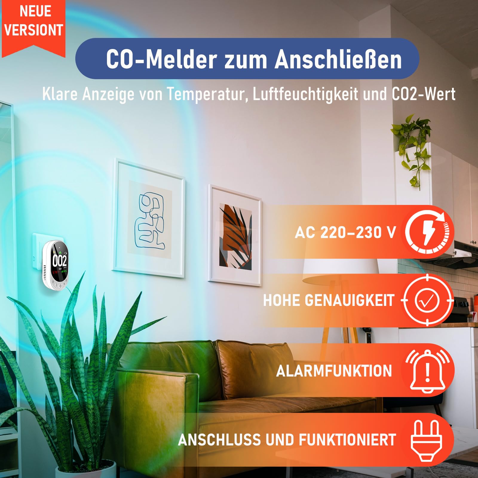 LSENLTY Kohlenmonoxid Melder, CO Melder mit HD-Bildschirm und Anzeige, visuellem und akustischem Alarm, 3-in-1-CO-Melder (CO-Gasmessgerät, Temperatur und Luftfeuchtigkeit) für Zuhause und unterwegs