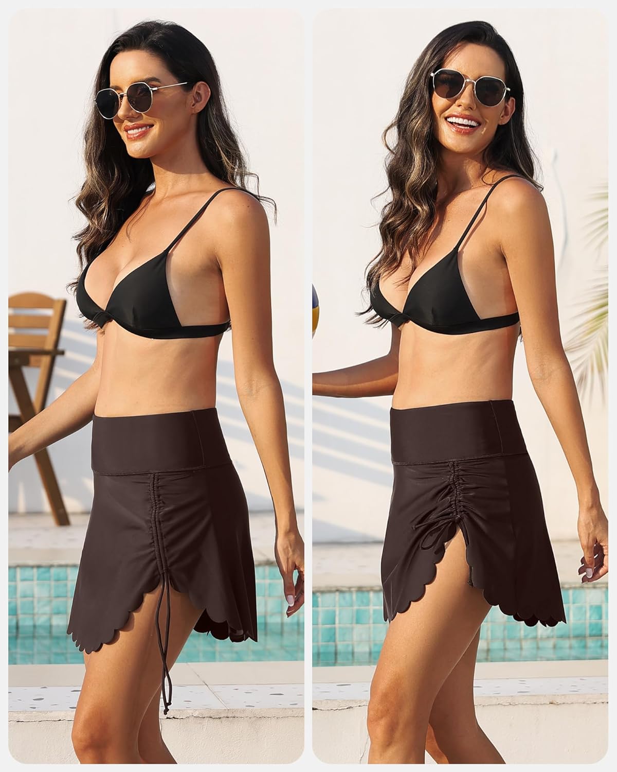 ANFILIA Women's High Waisted Swim Skirt Bottoms Ruched Scallop Trim Bathing Suit Skirts Split Tankini Swimsuit Bottom - Image 3