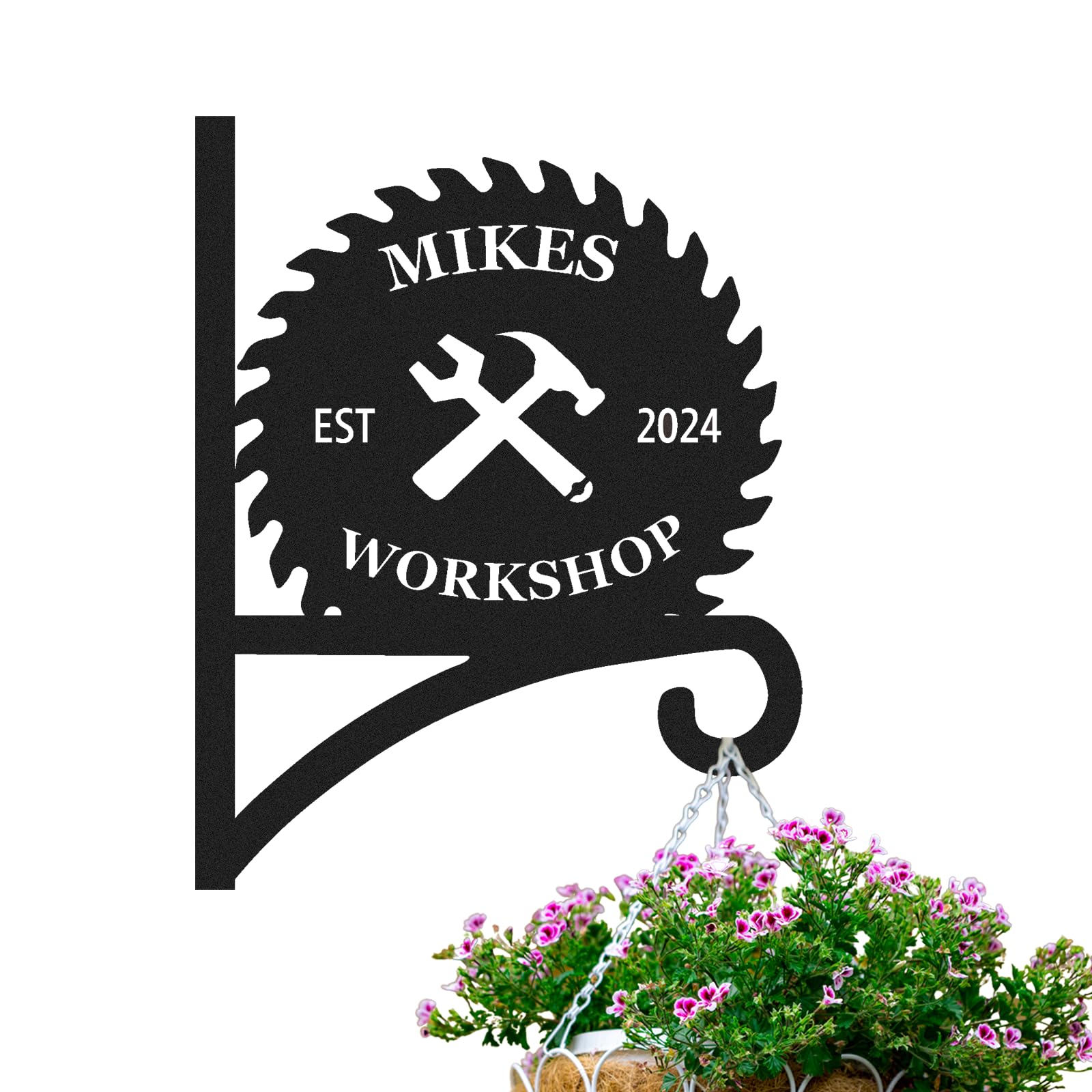 Duckbe Personalized Work Shop Metal Plant Hanger | Customizable Decorative Wall Hanger Indoor Outdoor | Custom Shop Name Tools Holder | Anti Rust Metal Hook for Wind Chimes Lantern