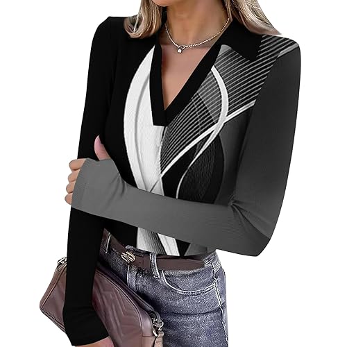 COTECRAM Long Sleeve Tops for Women Polo V Neck Ribbed