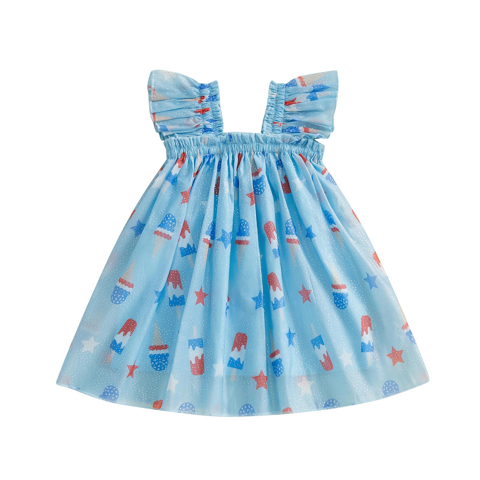 Toddler Baby Girl 4th of July Outfit Sleeveless Stars Stripes Bow Print Strap Tulle A-line Dress (Blue Popsicle, 6-12 Months)