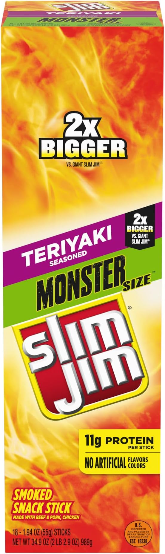 Slim Jim Monster Jerky Meat Sticks, Teriyaki Seasoned, 1.94 oz., 18-ct