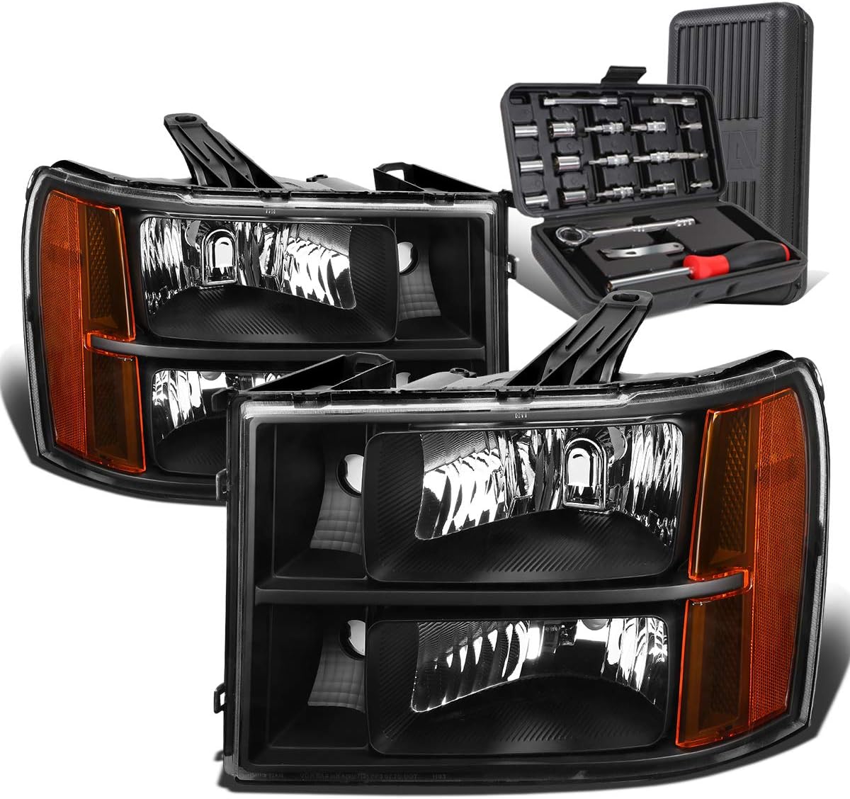 Auto Dynasty Black Housing Amber Corner Headlight Head Lamps+Tool Kit Compatible with GMC Sierra 1500 2500HD 3500 HD 07-14
